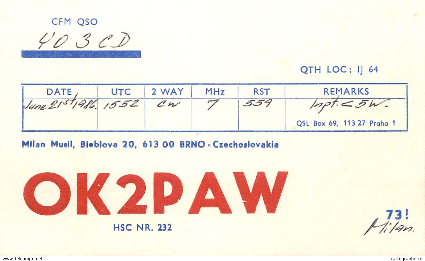 QSL Card Czechoslovakia Radio Amateur Station OK2PAW Y03CD 1985 - Radio Amateur