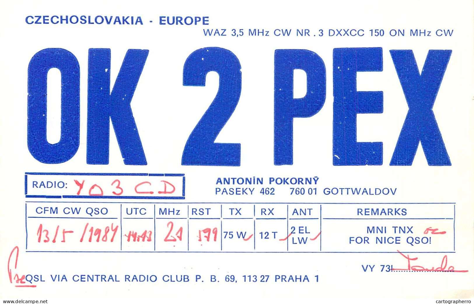 QSL Card Czechoslovakia Radio Amateur Station OK2PEK Y03CD 1985 Antonin Pokorny - Radio Amateur