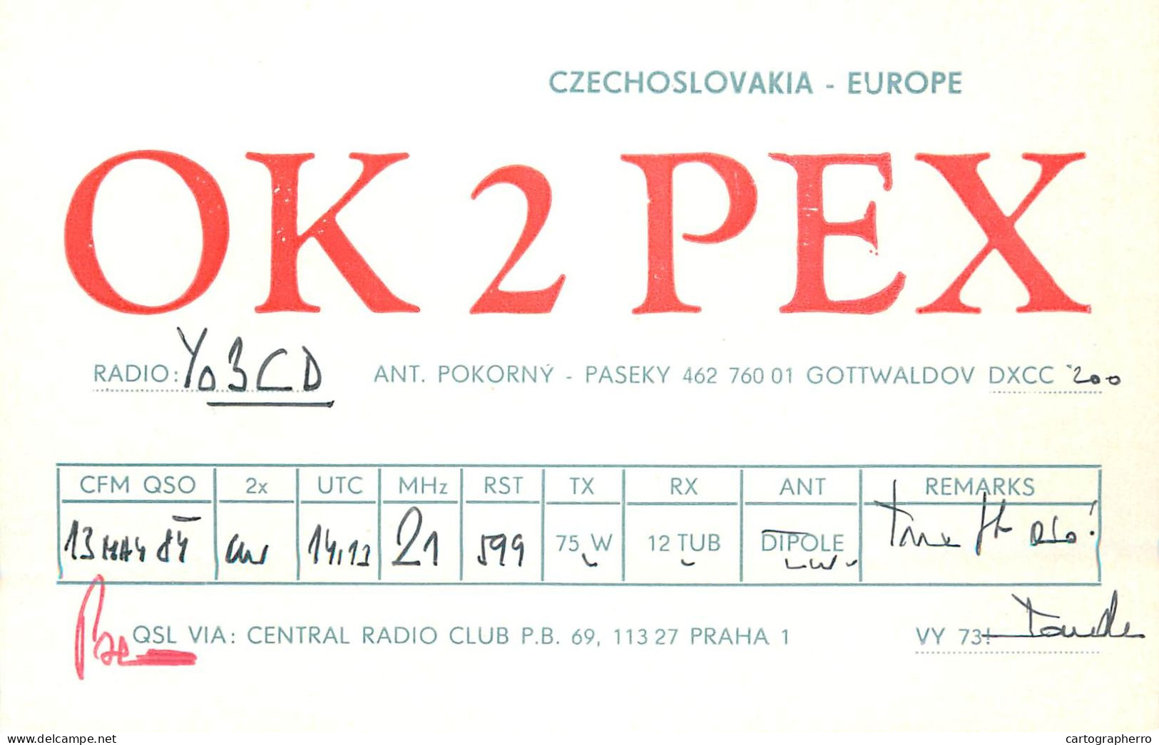 QSL Card Czechoslovakia Radio Amateur Station OK2PEX Y03CD - Radio Amateur