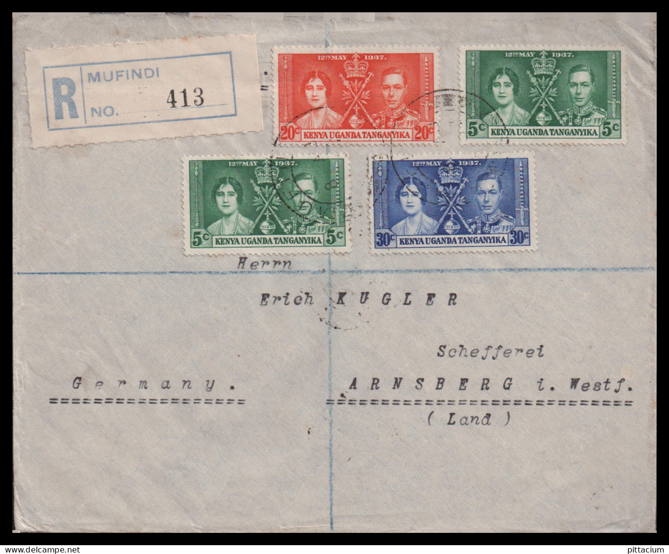 Grossbritannien Gebiete 1937: Luftpostbrief  | Afrika | Mufindi, Daressalaam, Arnsberg - Tanganyika (...-1932)