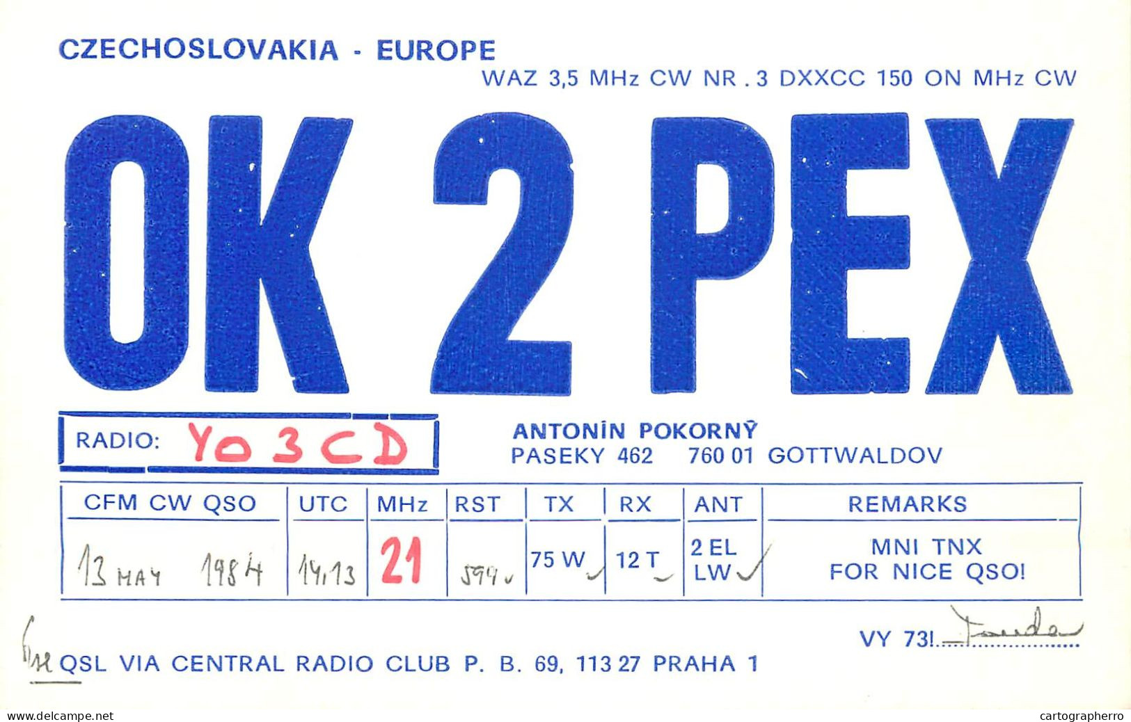 QSL Card Czechoslovakia Radio Amateur Station OK2PEX Y03CD Antonin Pokorny - Amateurfunk