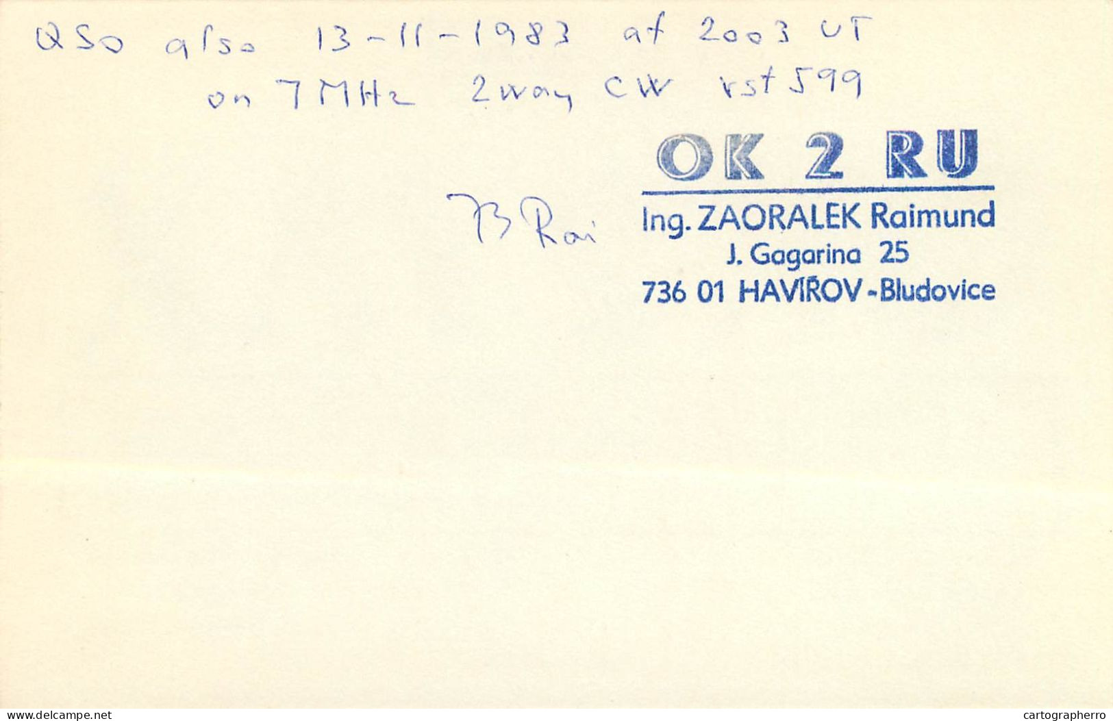 QSL Card Czechoslovakia Radio Amateur Station OK2YAX Y03CD Rai - Radio Amatoriale