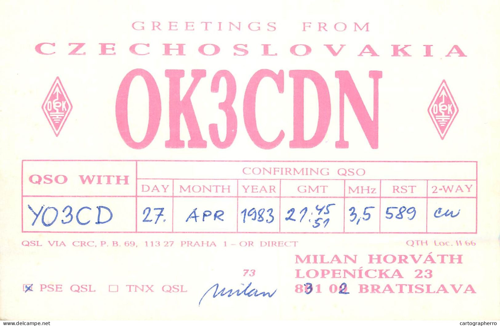 QSL Card Czechoslovakia Radio Amateur Station OK3CDN Y03CD 1983 Milan - Amateurfunk