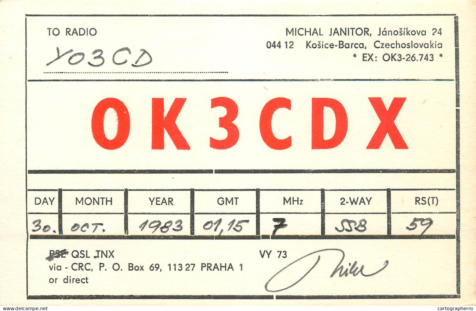 QSL Card Czechoslovakia Radio Amateur Station OK3CDX Y03CD 1983 Michal Janitor - Radio Amatoriale