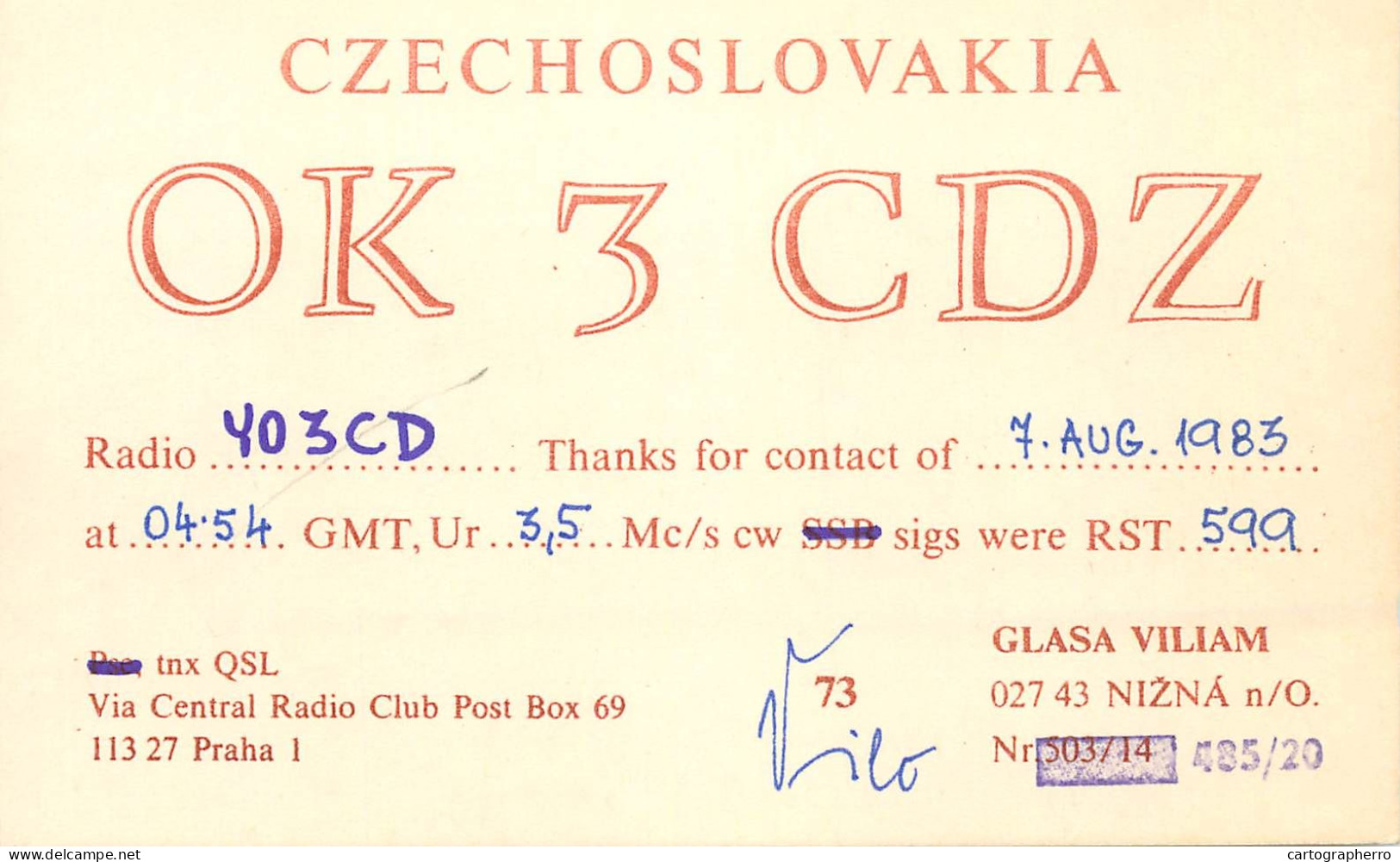 QSL Card Czechoslovakia Radio Amateur Station OK3CDZ Y03CD 1983 Glasa Viliam - Radio Amatoriale