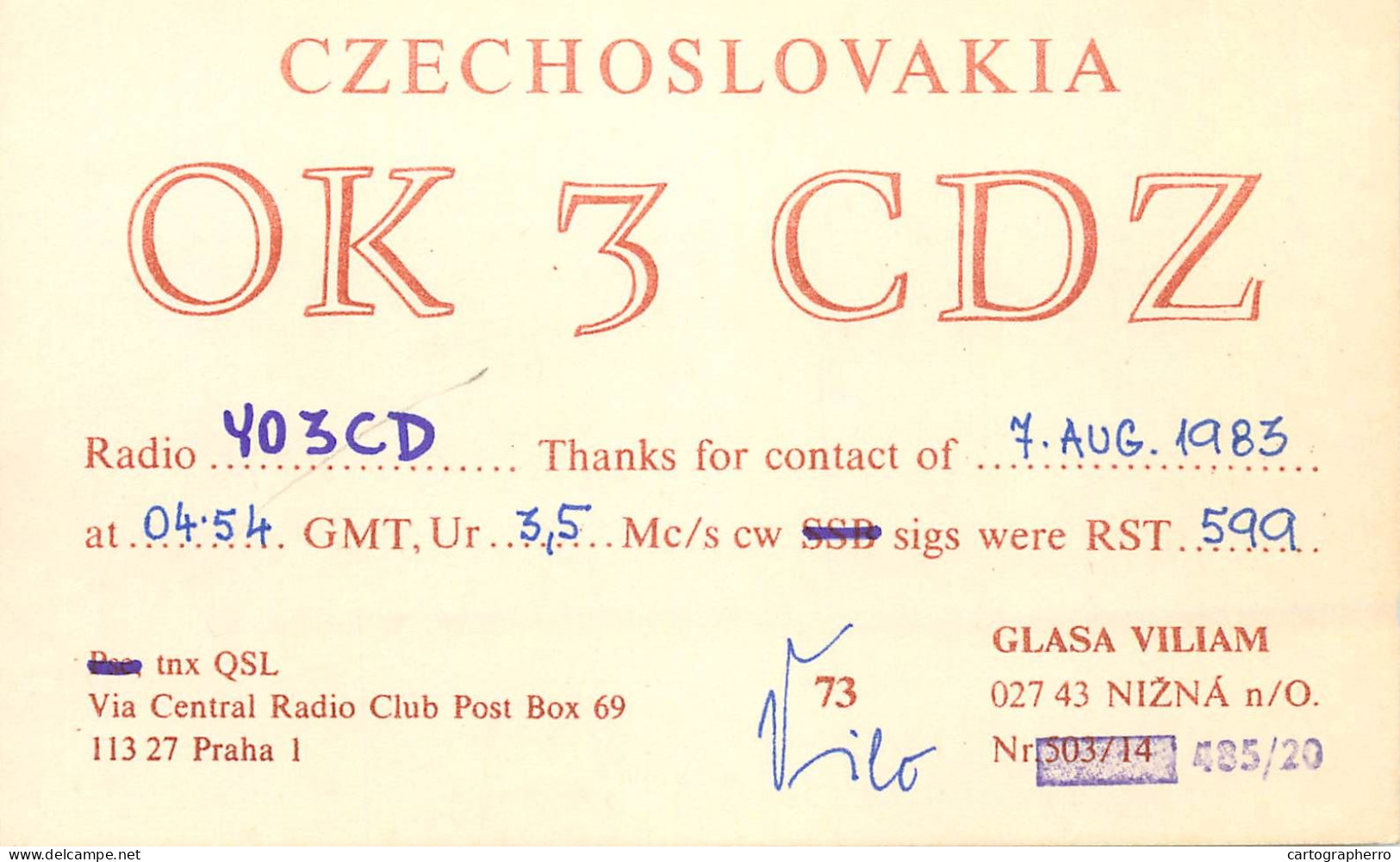 QSL Card Czechoslovakia Radio Amateur Station OK3CDZ Y03CD 1983 Glasa Viliam - Amateurfunk