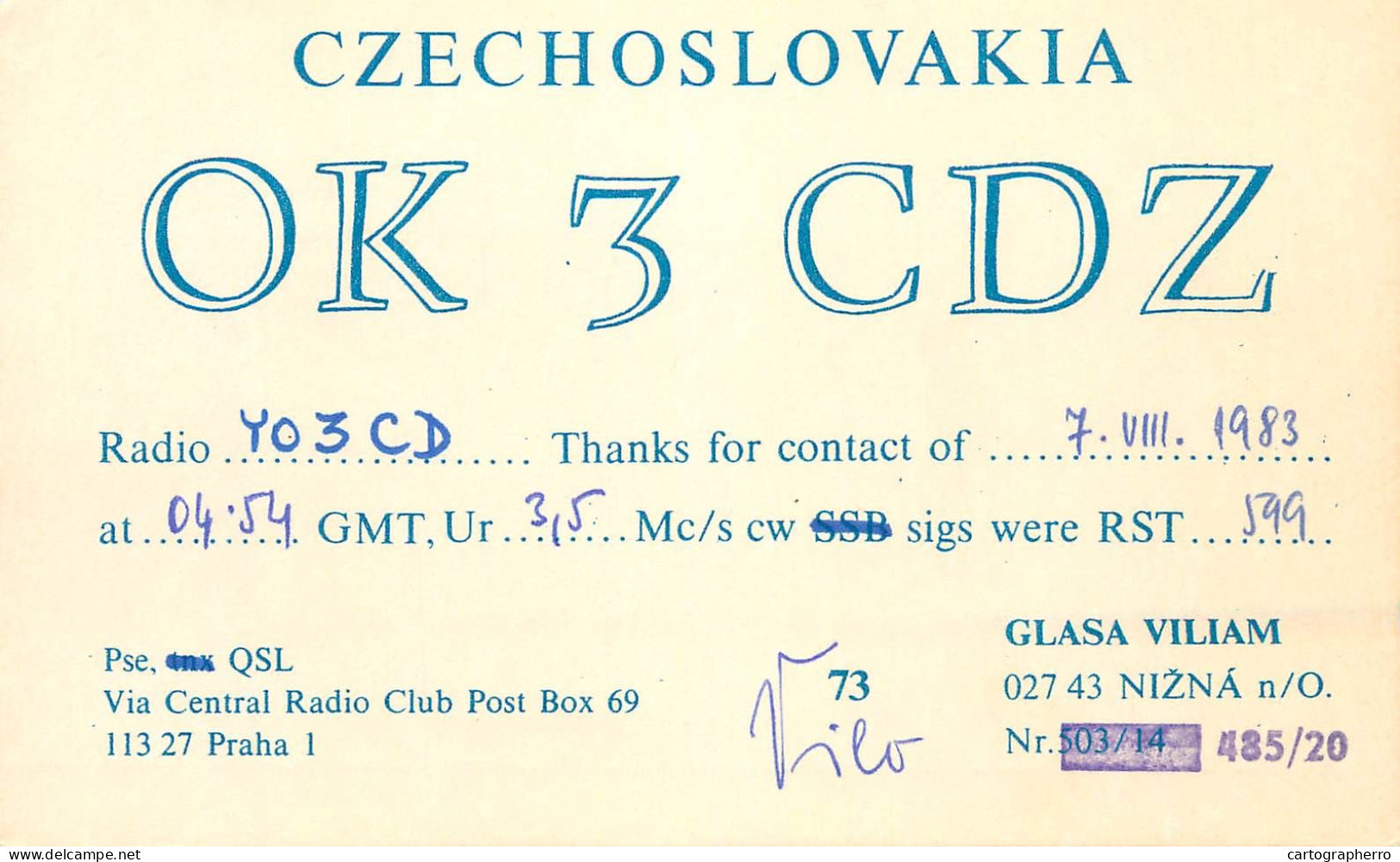 QSL Card Czechoslovakia Radio Amateur Station OK3CDZ Y03CD 1983 Glasa Viliam - Amateurfunk