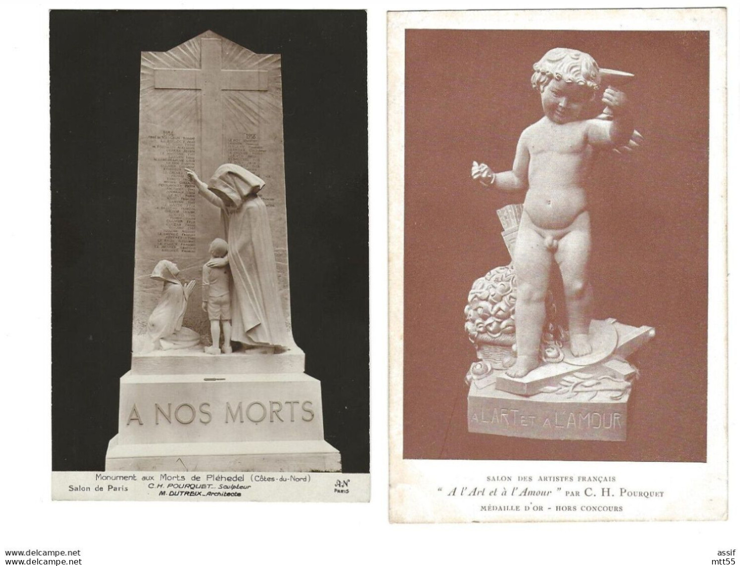 Ch. Pourquet , Sculpteur 2 Autographes Sur Cp Pléhédel Monument Aux Morts - " A - Peintres & Sculpteurs