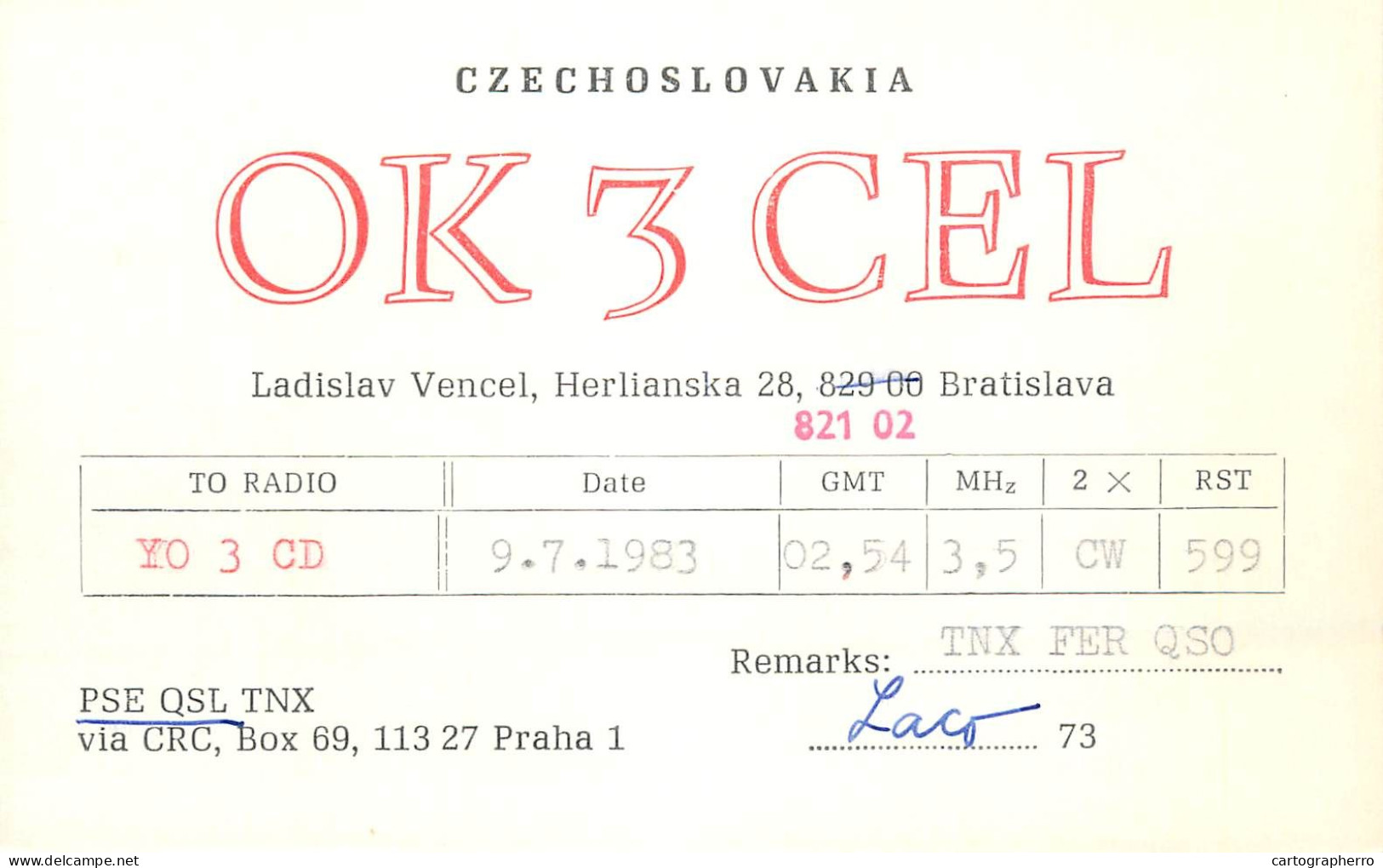 QSL Card Czechoslovakia Radio Amateur Station OK3CEL Y03CD 1983 Laco Vencel - Amateurfunk