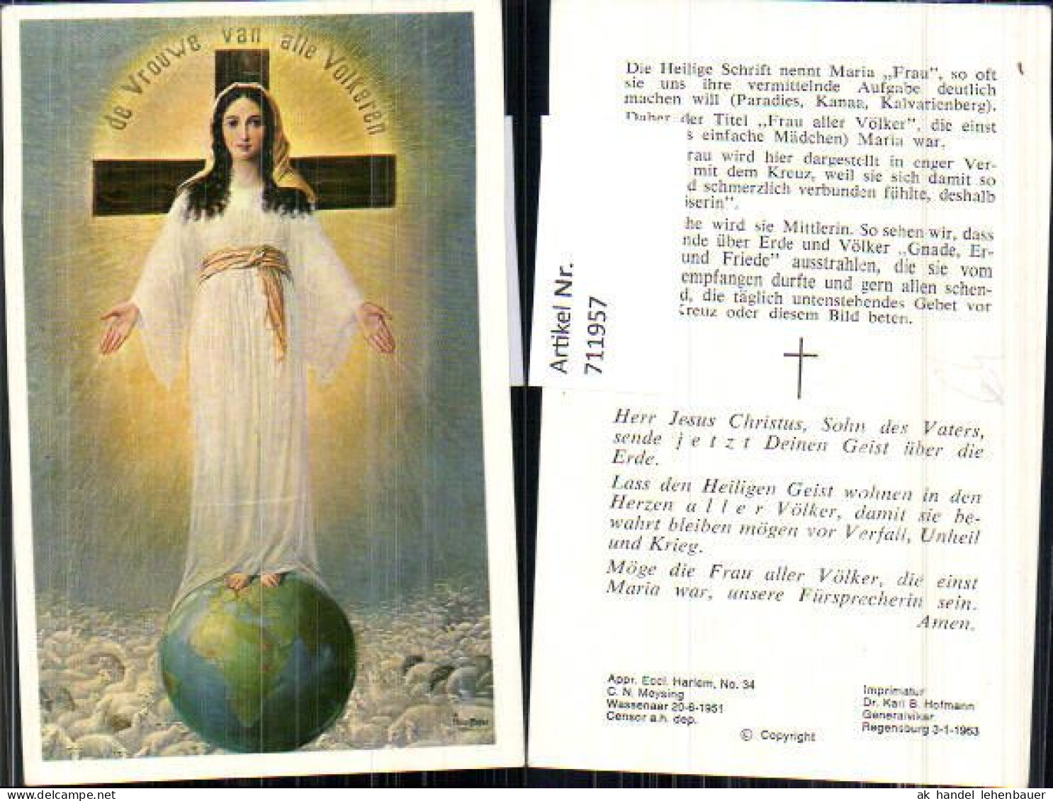 711957 Heiligenbild Heiligenbildchen Maria Frau Aller Völker Weltkugel Erde Religion - Arte Religioso
