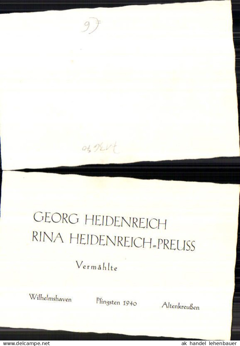 713670 Einladung Hochzeit 1940 Wilhelmshaven Altenkreußen Georg Heidenreich Rina Heidenreich Preuss - Mariage