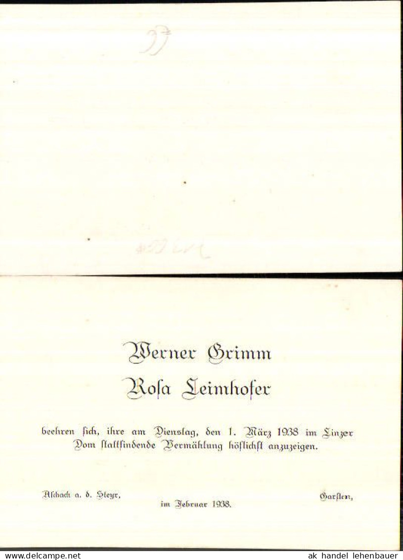 Einladung Hochzeit Vermählung 1938 Aschach An Der Steyr Garsten Werner Grimm Rosa Leimhofer - Hochzeit