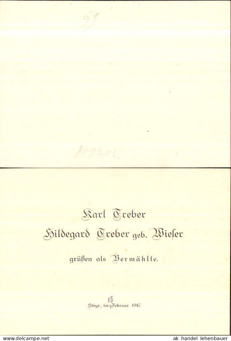 713668 Einladung Hochzeit Vermählung Steyr 1947 Karl Treber Hildegard Wieser - Wedding