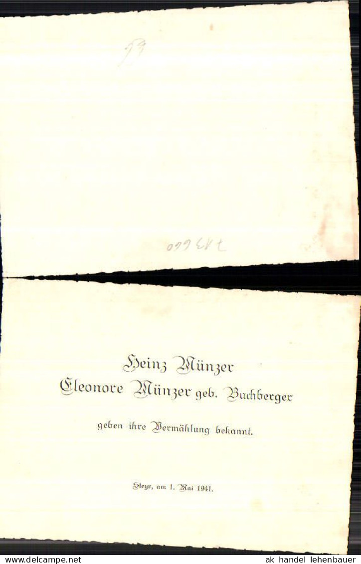 713660 Einladung Hochzeit Vermählung Steyr 1941 Buchberger Münzer  - Boda