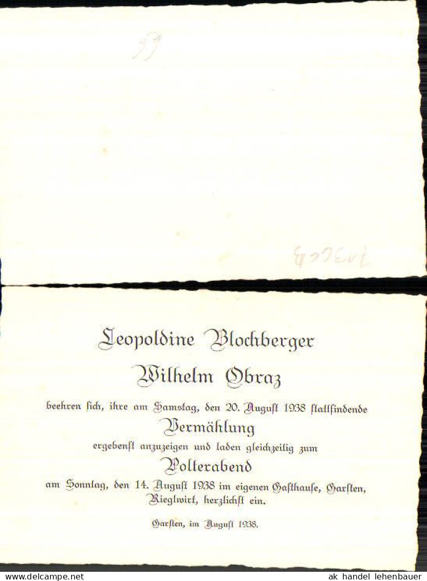 713663 Einladung Hochzeit Polterabend Garsten Steyr 1938 Leopoldine Blochberger Wilhelm Obraz - Boda