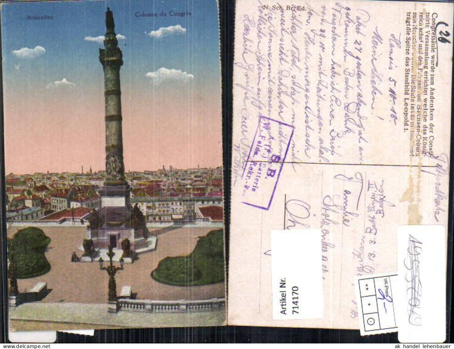 714170 Brüssel Bruxelles Colonne Du Congres Feldpost Öhringen - Non Classificati