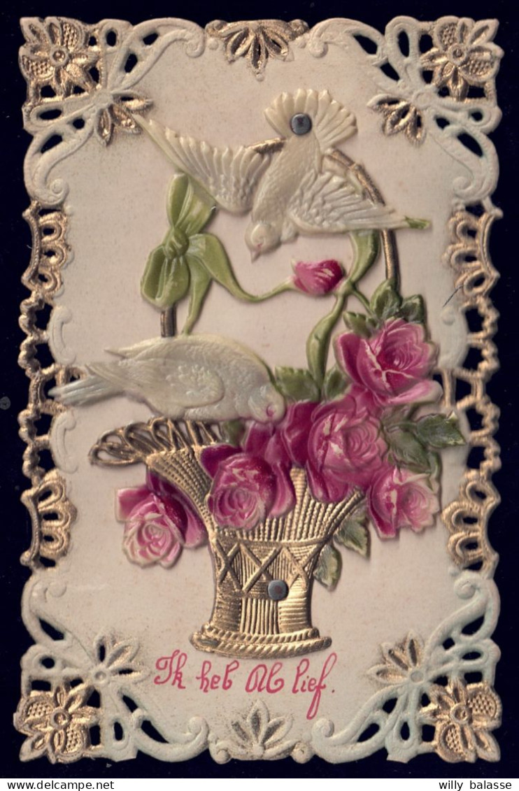 +++ CPA - Fantaisie - Carte Ajourée Dorée - Découpi Plastique - Fleur Rose - Colombe - Relief  // - Sonstige & Ohne Zuordnung