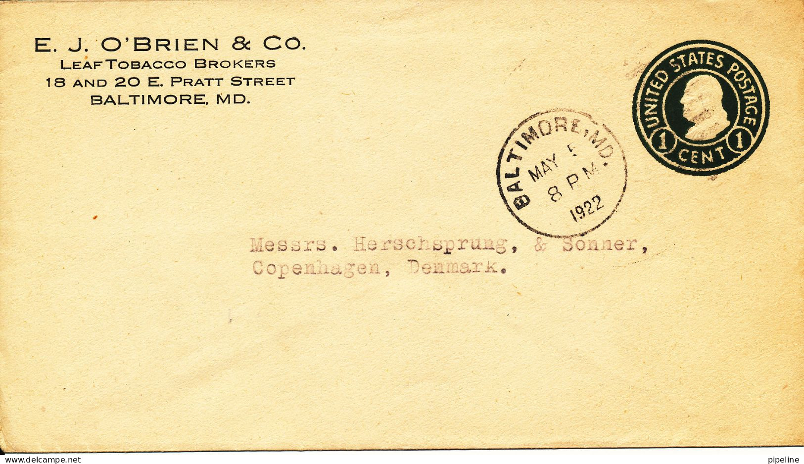 USA Postal Stationery Cover Sent To Denmark Baltimore 1-5-1922 (Leaf Tobacco Brookers) - 1921-40