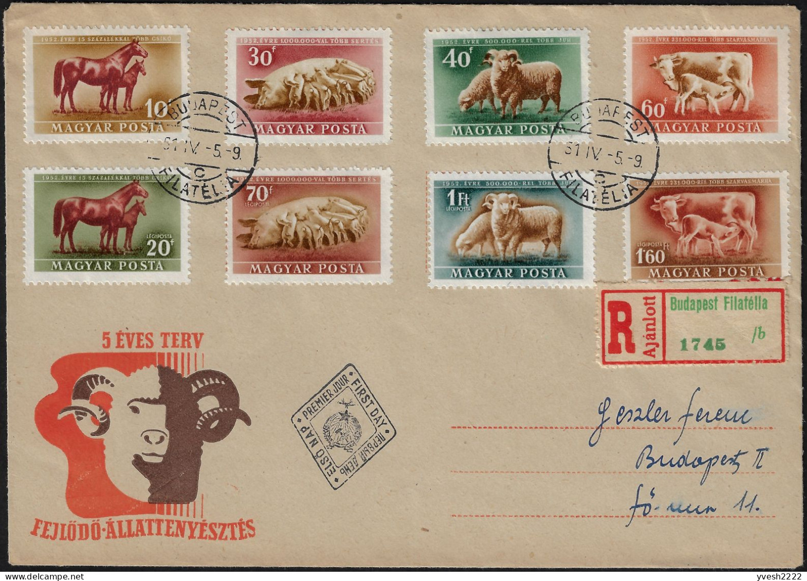 Hongrie 1951 Y&T 986 à 989, PA 111 à 114. Exportation De L'élevage. Jument, Porcelets, Bélier, Vache Et Veau - Boerderij