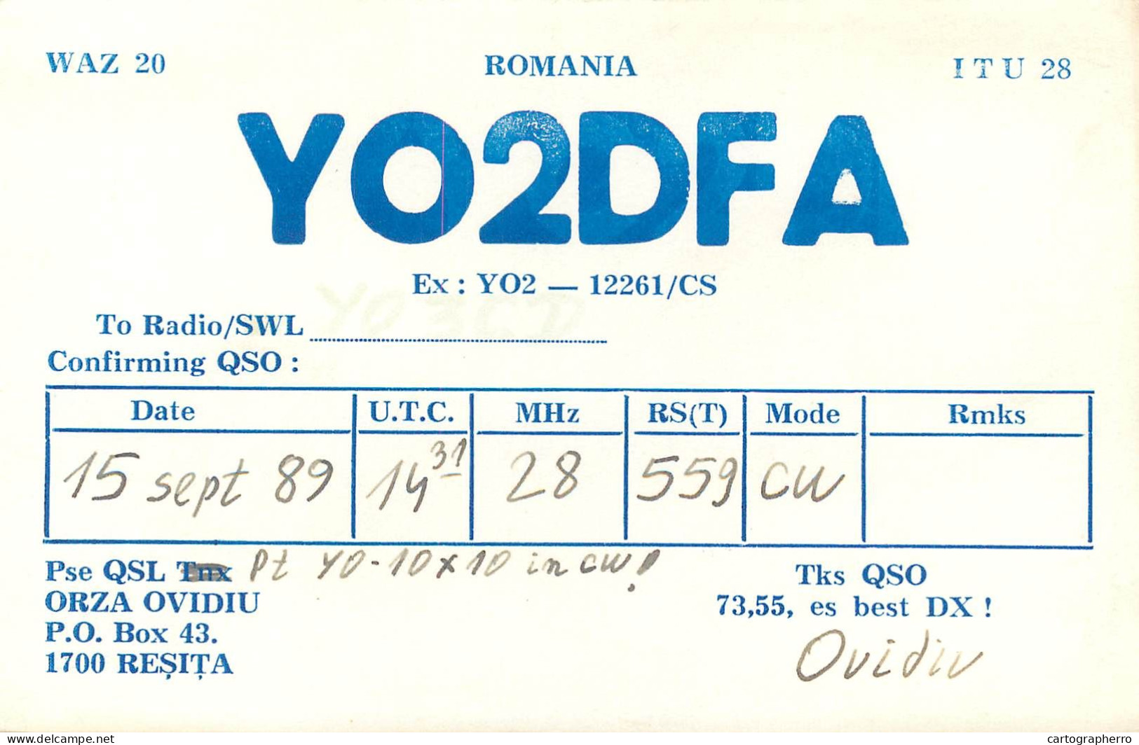 QSL Card ROMANIA Radio Amateur Station YO2DFA 1989 Ovidiu - Amateurfunk