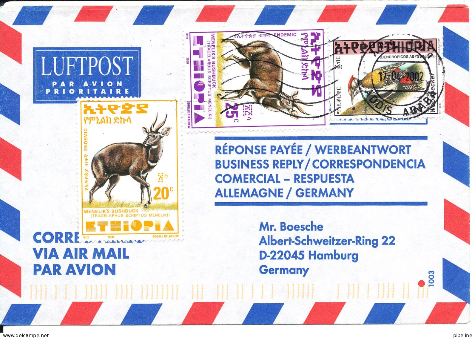 Ethiopia Air Mail Cover Sent To Germany 17-4-2002  BIRD Stamp - Ethiopia