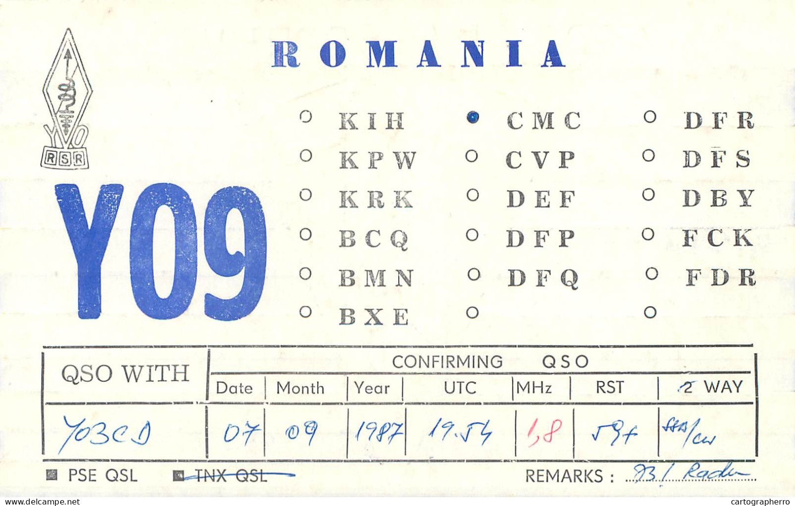 QSL Card ROMANIA Radio Amateur Station YO9CMC 1987 Radu - Radio Amatoriale