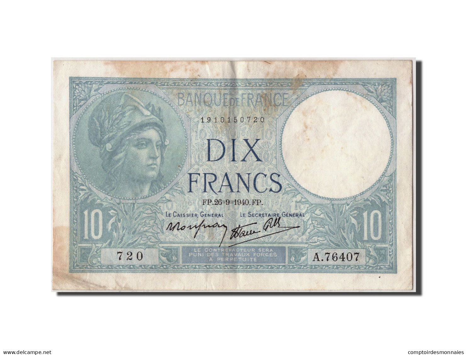 Billet, France, 10 Francs, 10 F 1916-1942 ''Minerve'', 1940, 1940-09-26, TB+ - 10 F 1916-1942 ''Minerve''