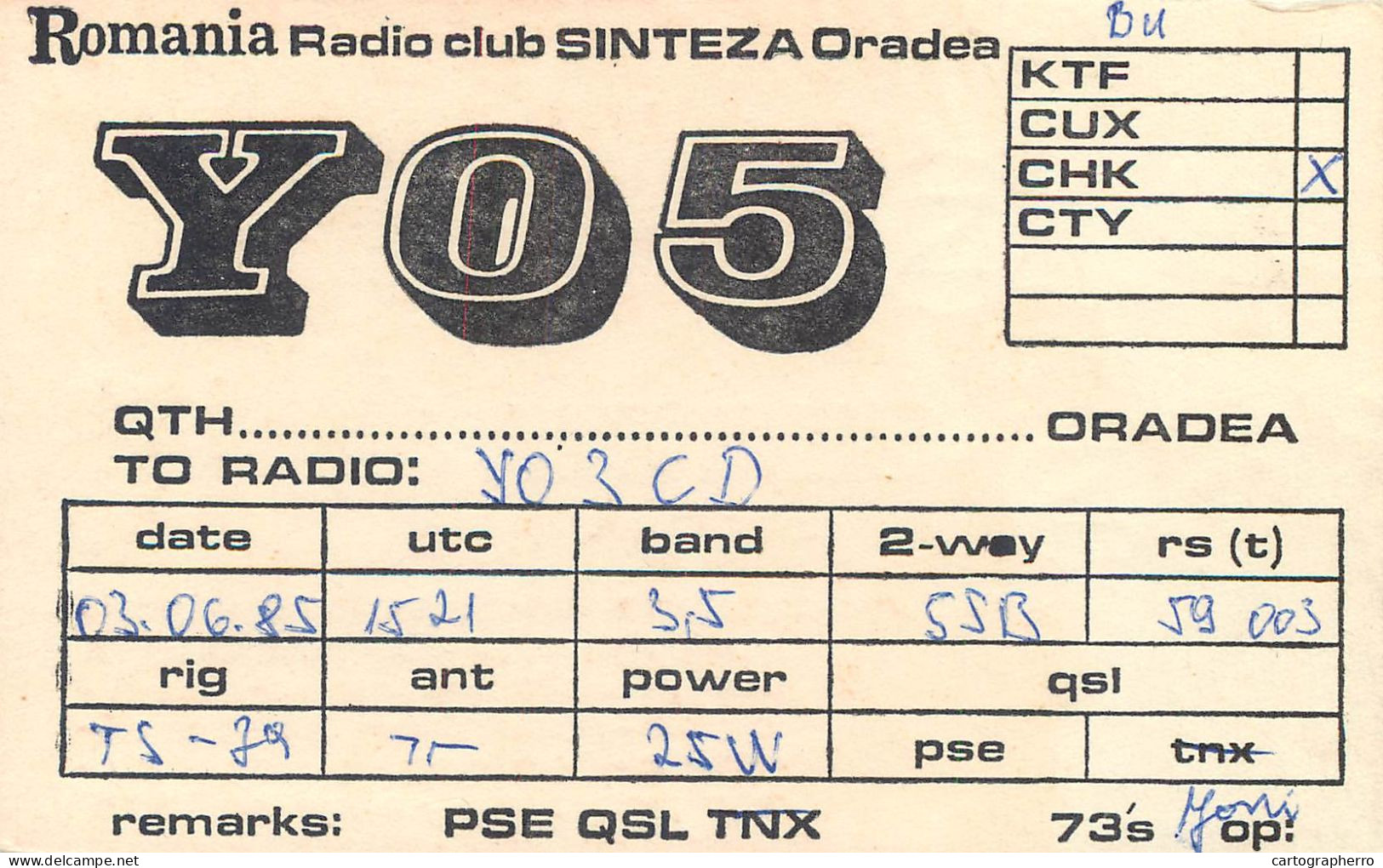 QSL Card ROMANIA Radio Amateur Station YO5CHK1985 Yoni - Radio Amatoriale