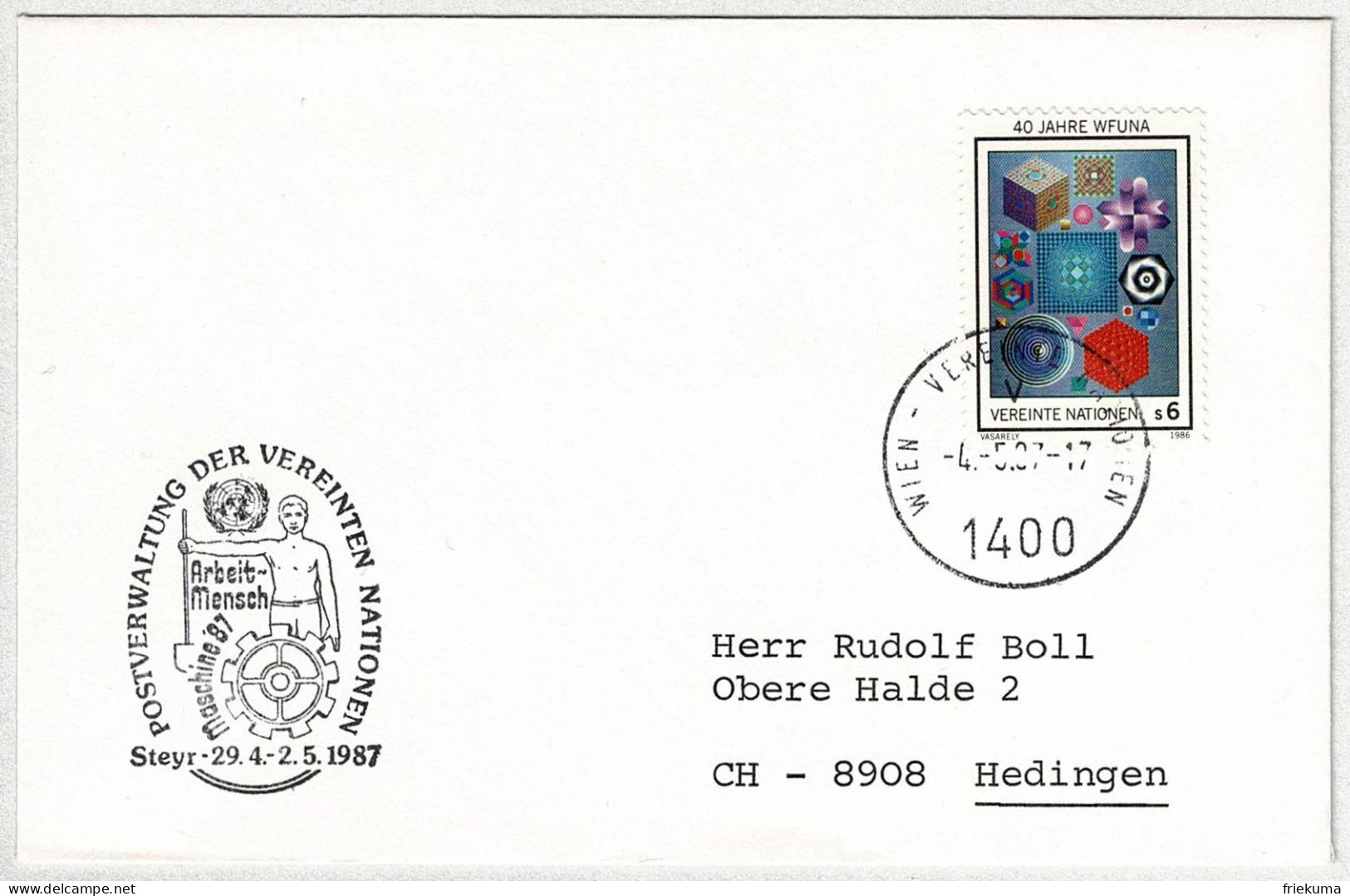 UNO Wien 1987, Brief Steyr - Hedingen, Arbeit, Mensch, Maschine - Fabrieken En Industrieën