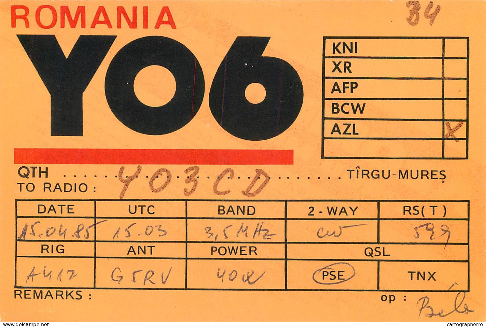 QSL Card ROMANIA Radio Amateur Station YO6AZL 1985 Bela - Amateurfunk