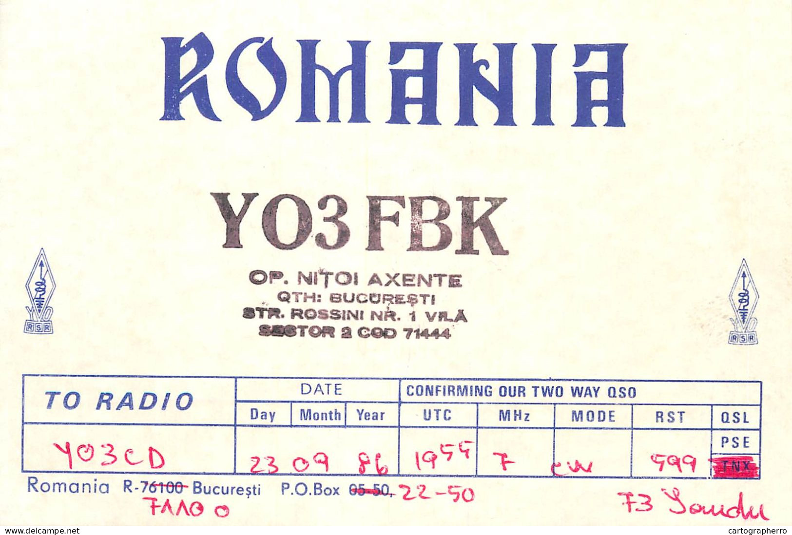 QSL Card ROMANIA Radio Amateur Station YO3FBK Nitoi Axente 1986 - Amateurfunk