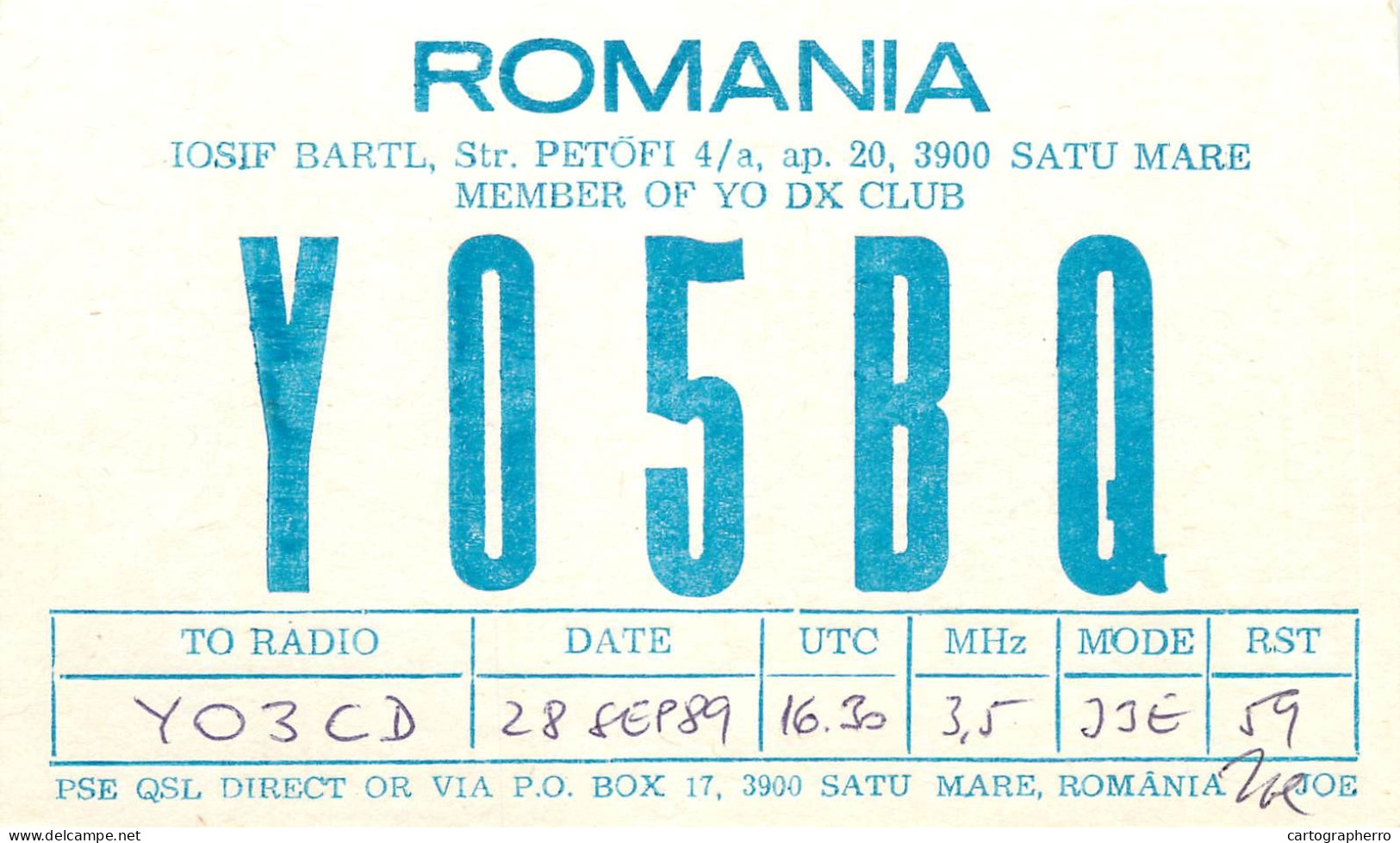 QSL Card ROMANIA Radio Amateur Station YO5BQ 1989 - Amateurfunk