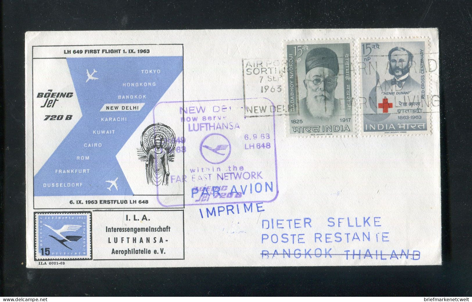 "INDIEN" 1963, Erstflugbrief LH 648 "New Delhi-Bangkok" (B0067) - Poste Aérienne
