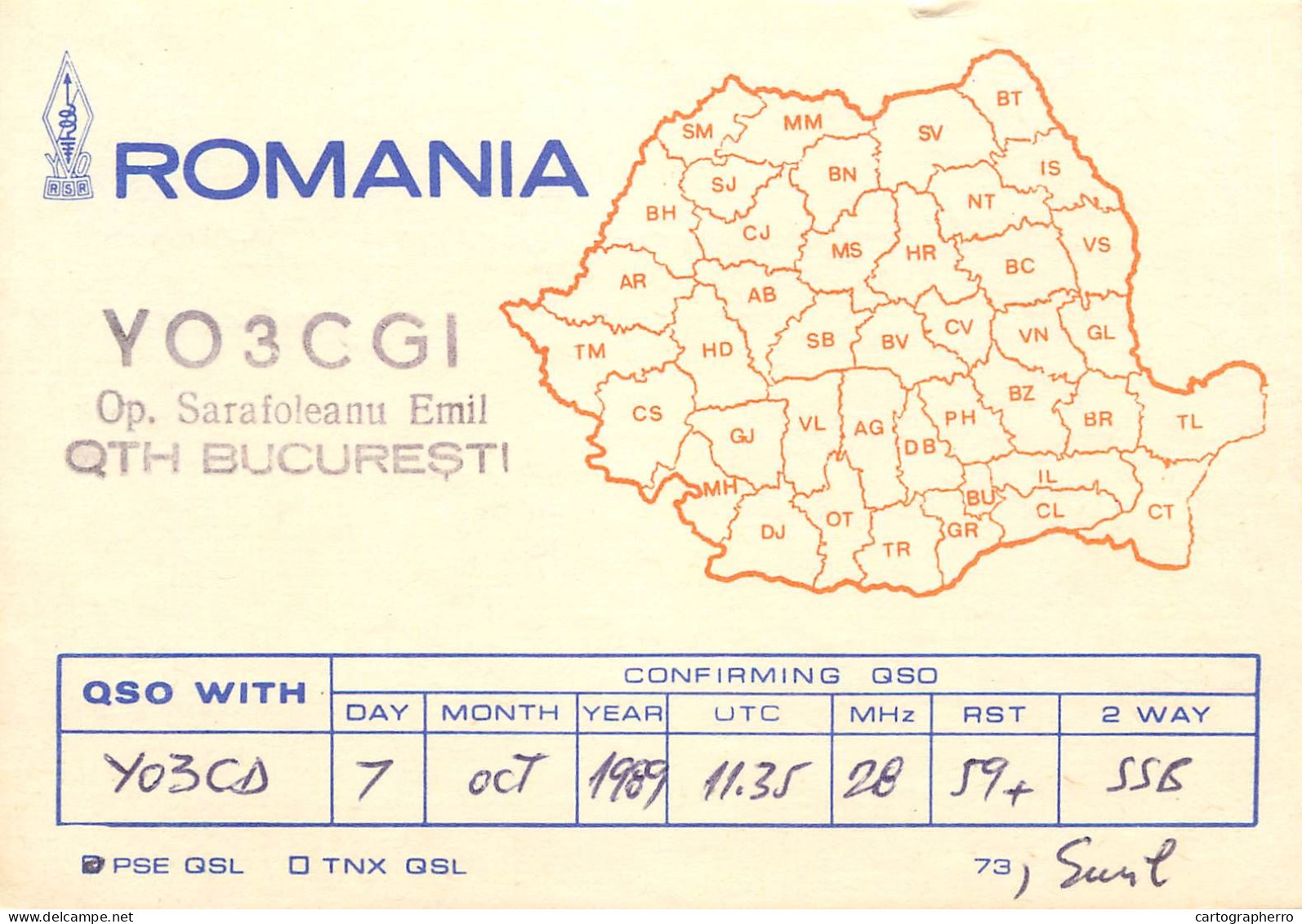 QSL Card ROMANIA Radio Amateur Station YO3CGI 1989 Emil - Radio Amatoriale