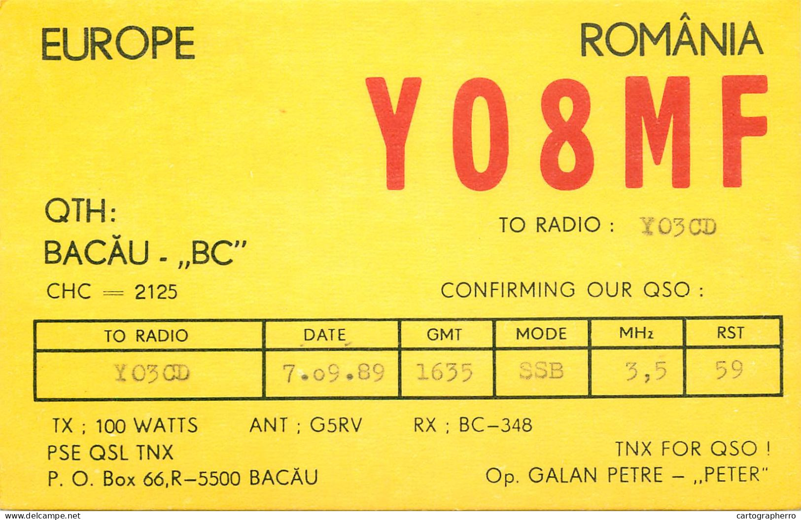 QSL Card ROMANIA Radio Amateur Station YO8MF 1989 Peter - Radio Amatoriale