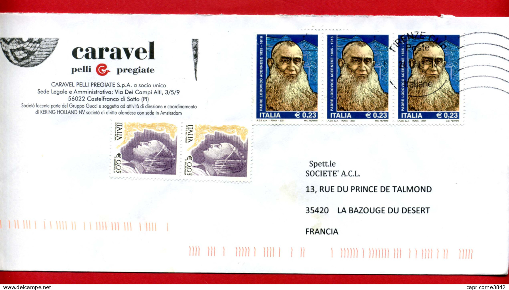 2013 - Italie - Lettre Pour La France - 3 Timbres Padre ACERNESE + Femme Dans L'art - 2011-20: Marcophilie