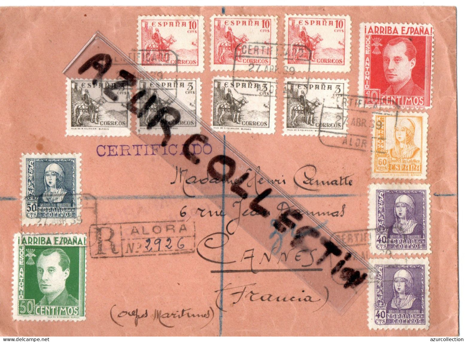 L REC   DE ALORA ESPAGNE .POUR CANNES.CENSURE MILITAR .1939. SUPER AFFRANCHISSEMENT - Other & Unclassified