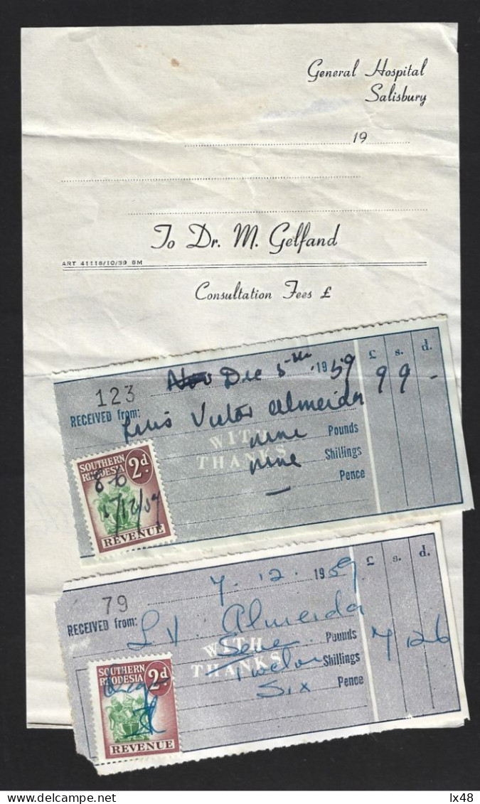 Receipts From Salisbury Hospital, Rhodesia 1959 With 2d Tax Stamps. Quittungen Vom Salisbury Hospital, Rhodesien 1959 Mi - Zimbabwe (1980-...)