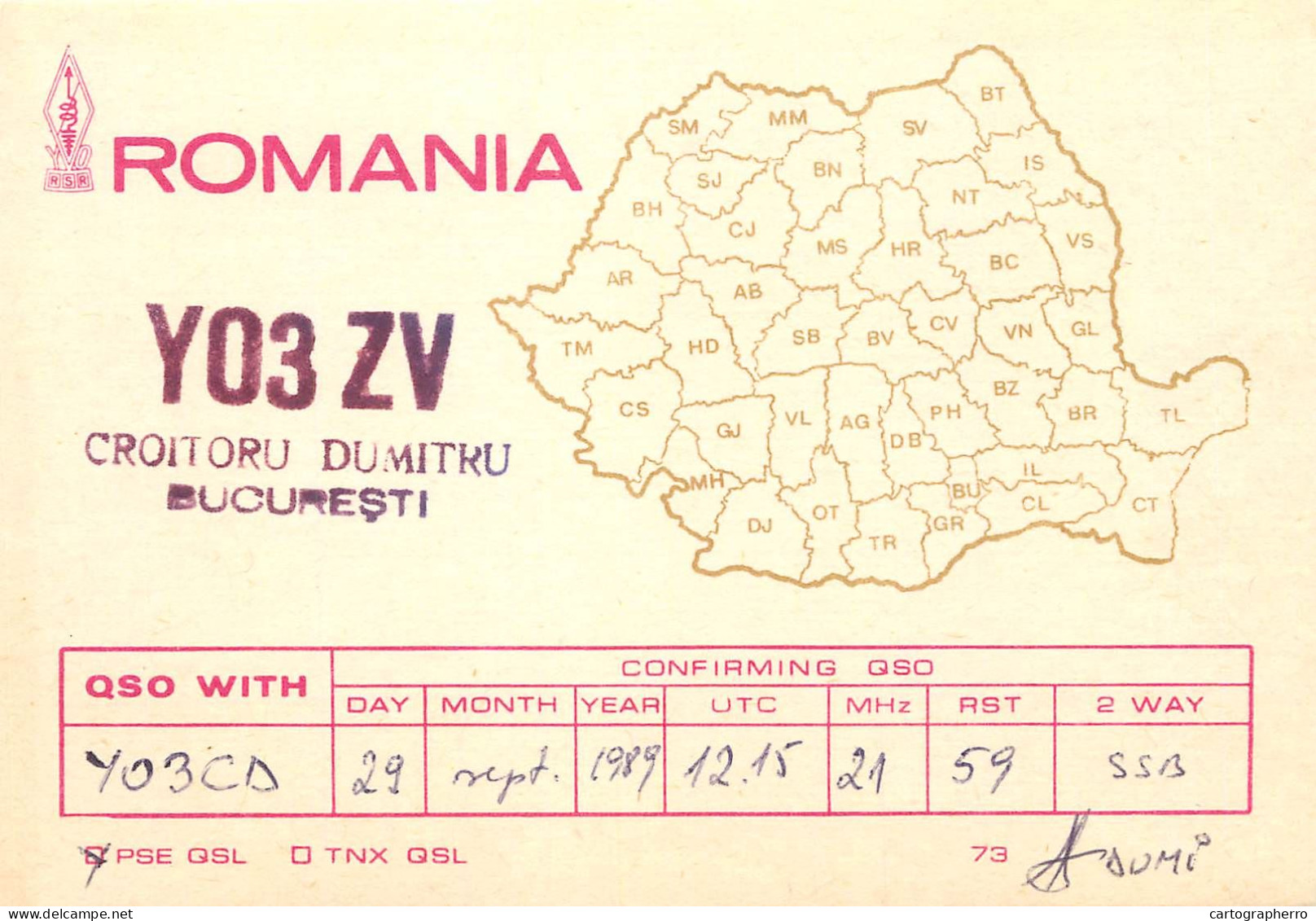 QSL Card ROMANIA Radio Amateur Station YO3ZV 1989 Marius - Amateurfunk