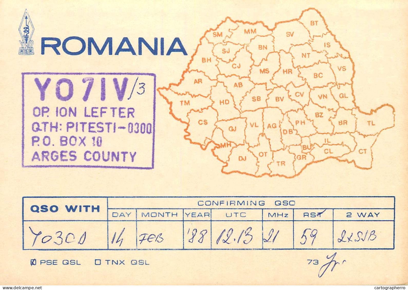 QSL Card ROMANIA Radio Amateur Station YO7IV 1989 Ion Lefter - Amateurfunk
