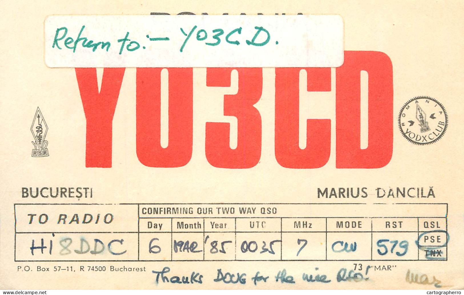 QSL Card ROMANIA Radio Amateur Station YO3CD 1985 Mar - Amateurfunk