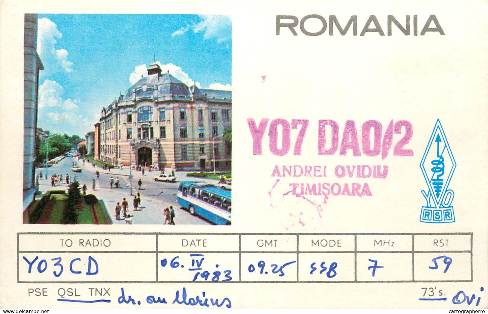 QSL Card ROMANIA Radio Amateur Station YO7DAO 1985 Andrei Ovidiu - Amateurfunk