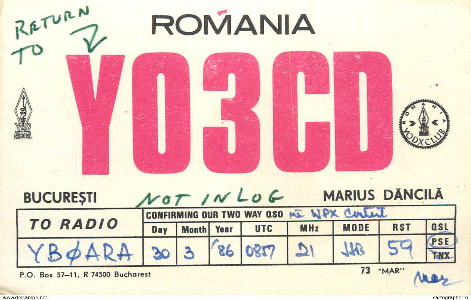 QSL Card ROMANIA Radio Amateur Station YO3CD 1986 Mar - Amateurfunk