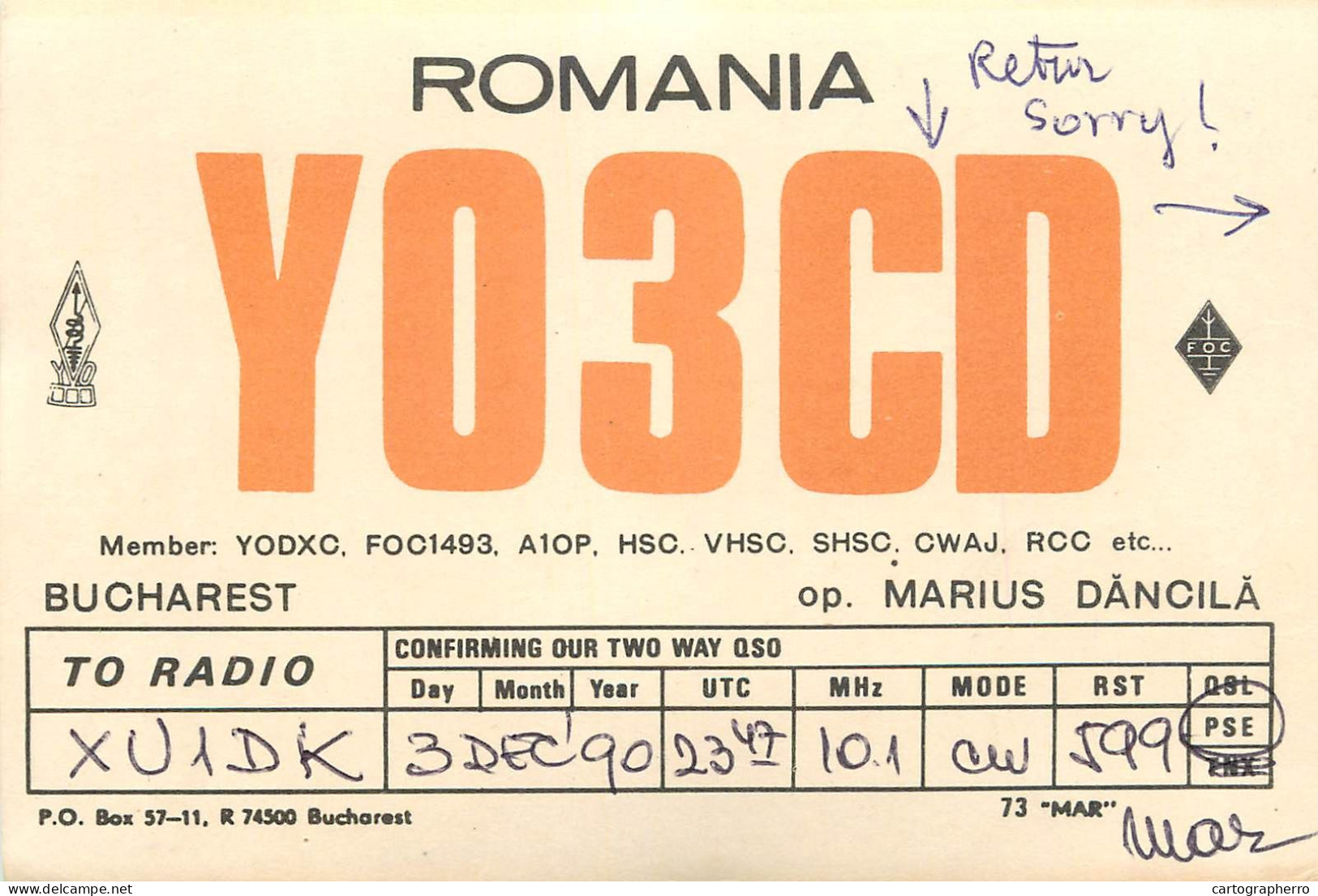 QSL Card ROMANIA Radio Amateur Station YO3CD 1986 Mar - Amateurfunk