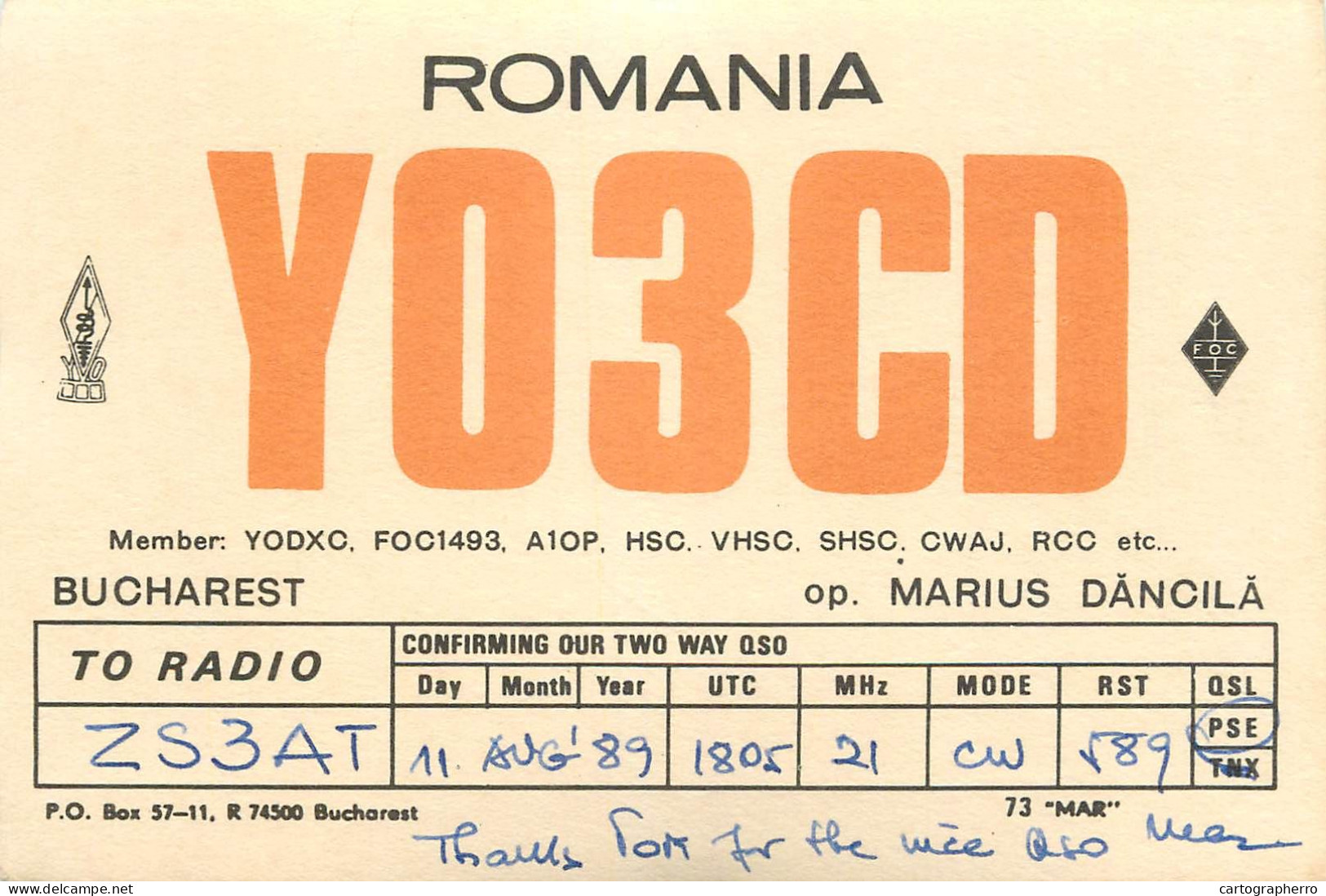 QSL Card ROMANIA Radio Amateur Station YO3CD 1989 Mar - Radio Amatoriale