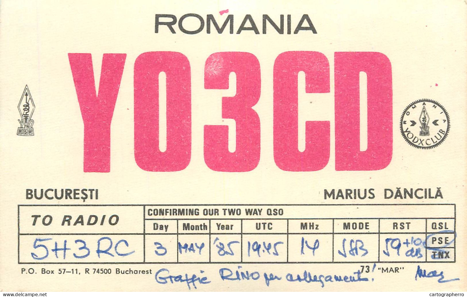 QSL Card ROMANIA Radio Amateur Station YO3CD 1985 Mar - Radio Amatoriale