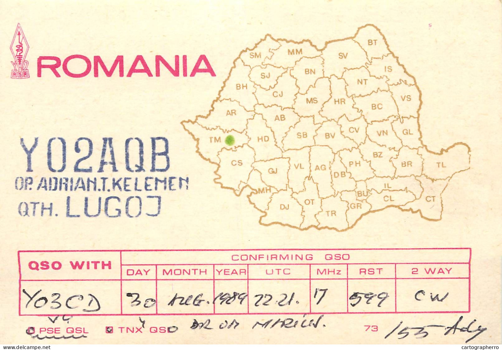 QSL Card ROMANIA Radio Amateur Station YO2AQB 1989 Ady - Amateurfunk