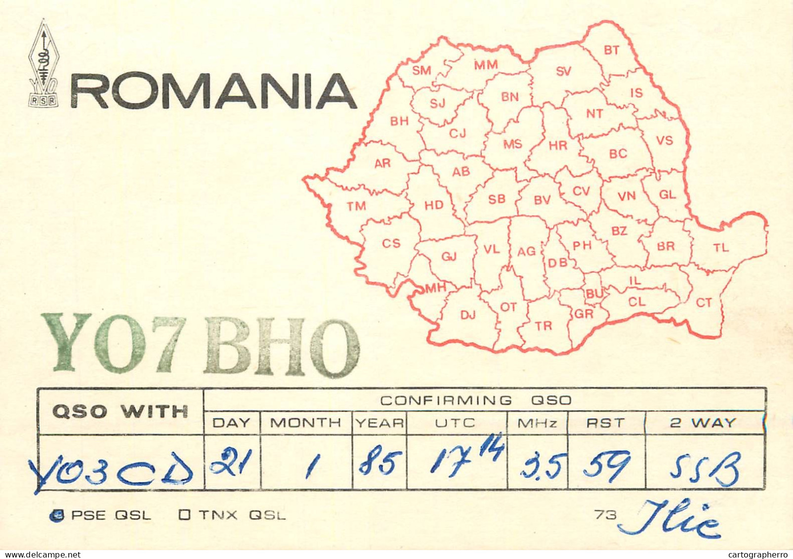 QSL Card ROMANIA Radio Amateur Station YO7BHO 1985 Ilie - Radio Amatoriale