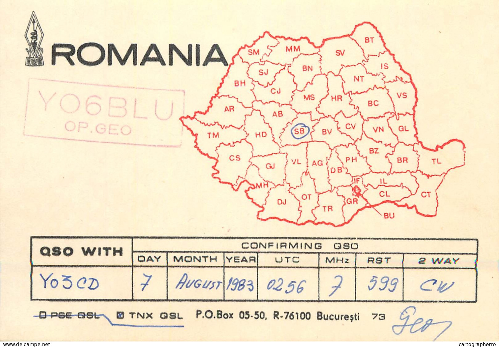 QSL Card ROMANIA Radio Amateur Station YO6BLU 1983 Geo - Radio Amatoriale