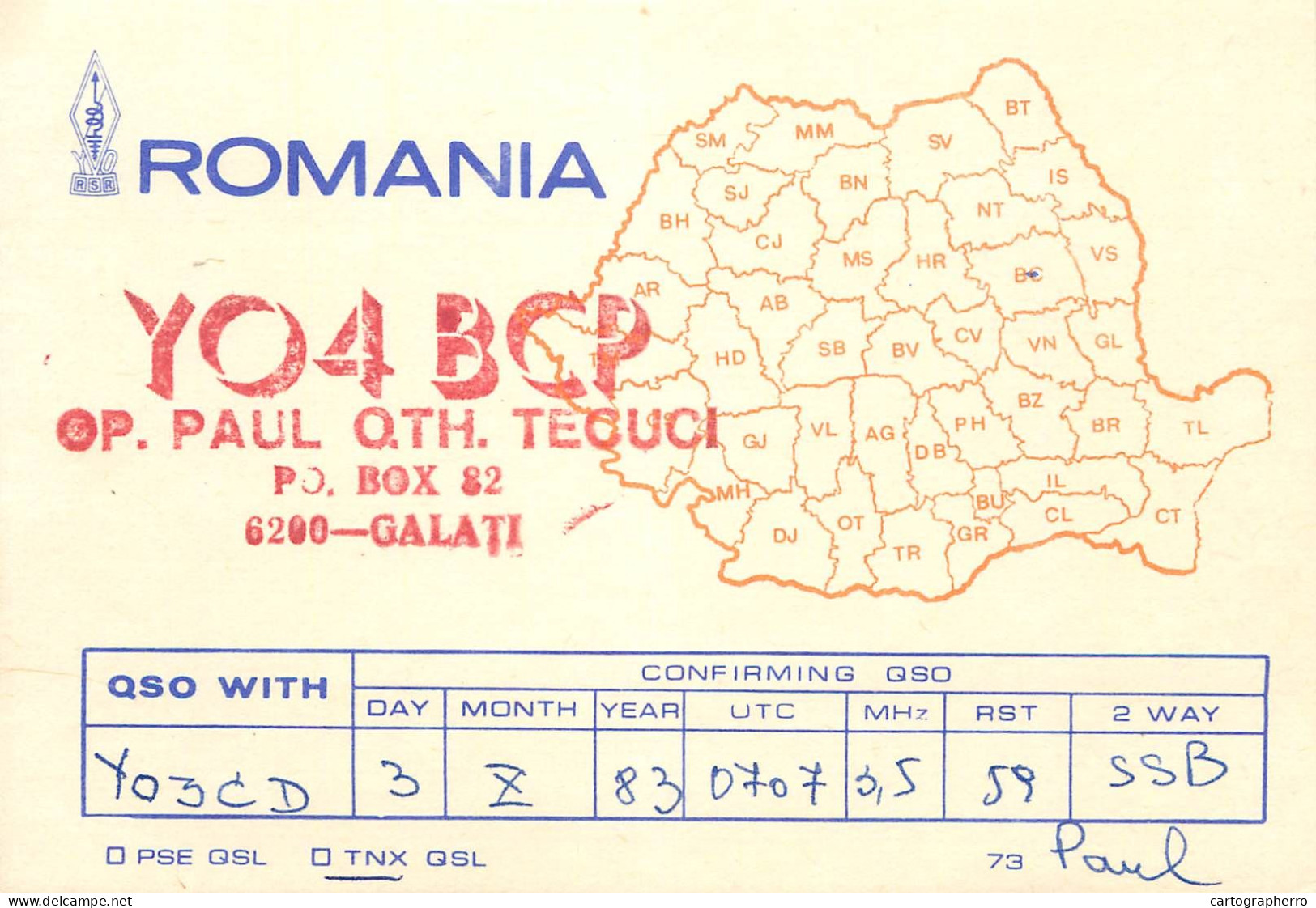 QSL Card ROMANIA Radio Amateur Station YO4BCP 1983 Paul - Radio Amatoriale